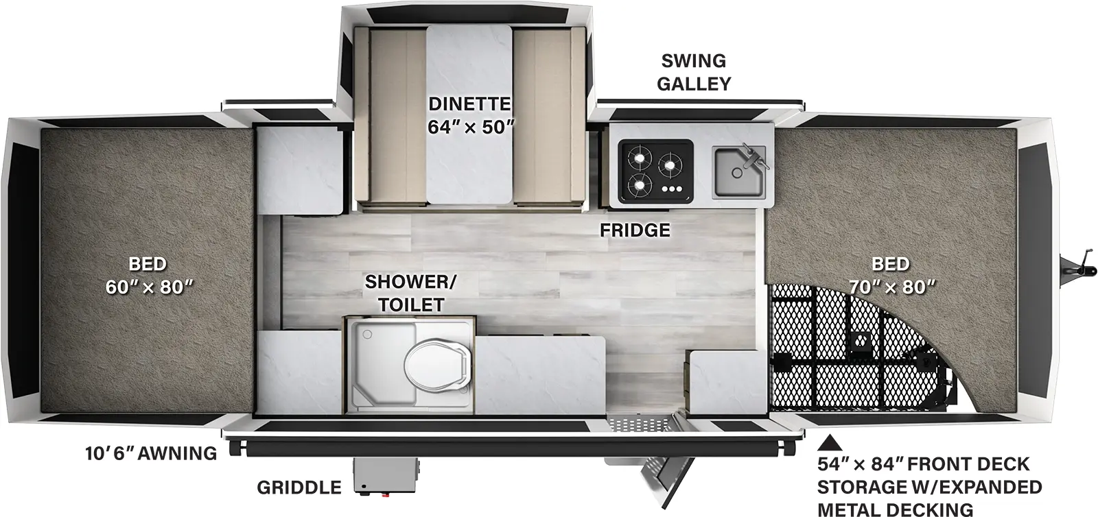 The 23SCSE has one slide out and one entry. Exterior features a 10 foot 6 inch awning, front deck storage with expanded metal decking, and a griddle. Interior layout front to back: tent bed; off-door side swing galley with cooktop, sink and refrigerator, dinette slideout and countertop; door side countertop, entry door, additional countertop space, and shower/toilet; rear tent bed.